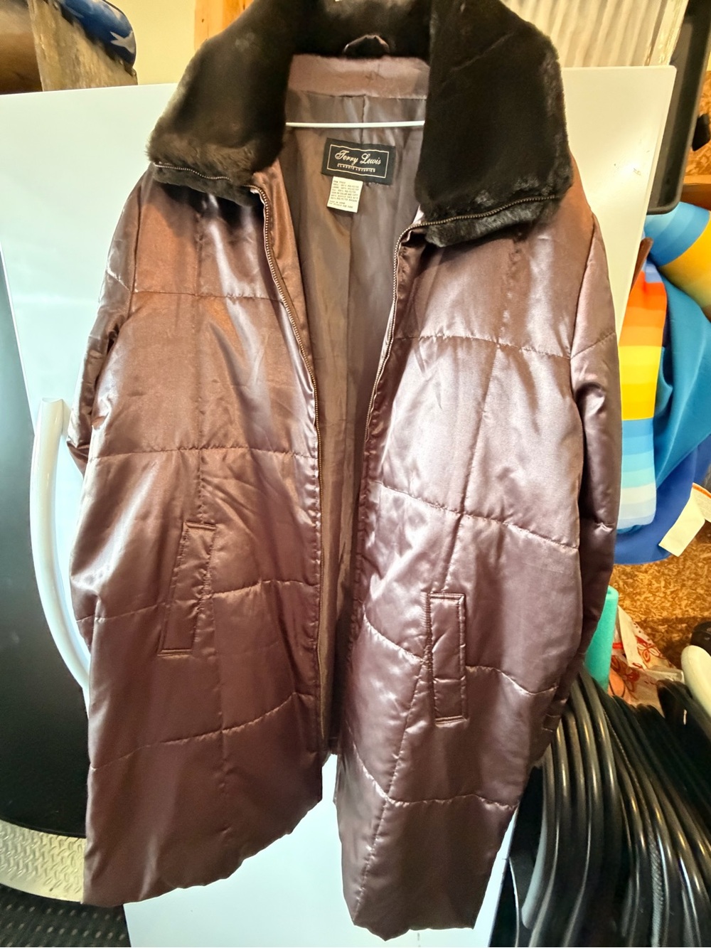 Brown Satin Puffer Coat with Faux Fur Collar